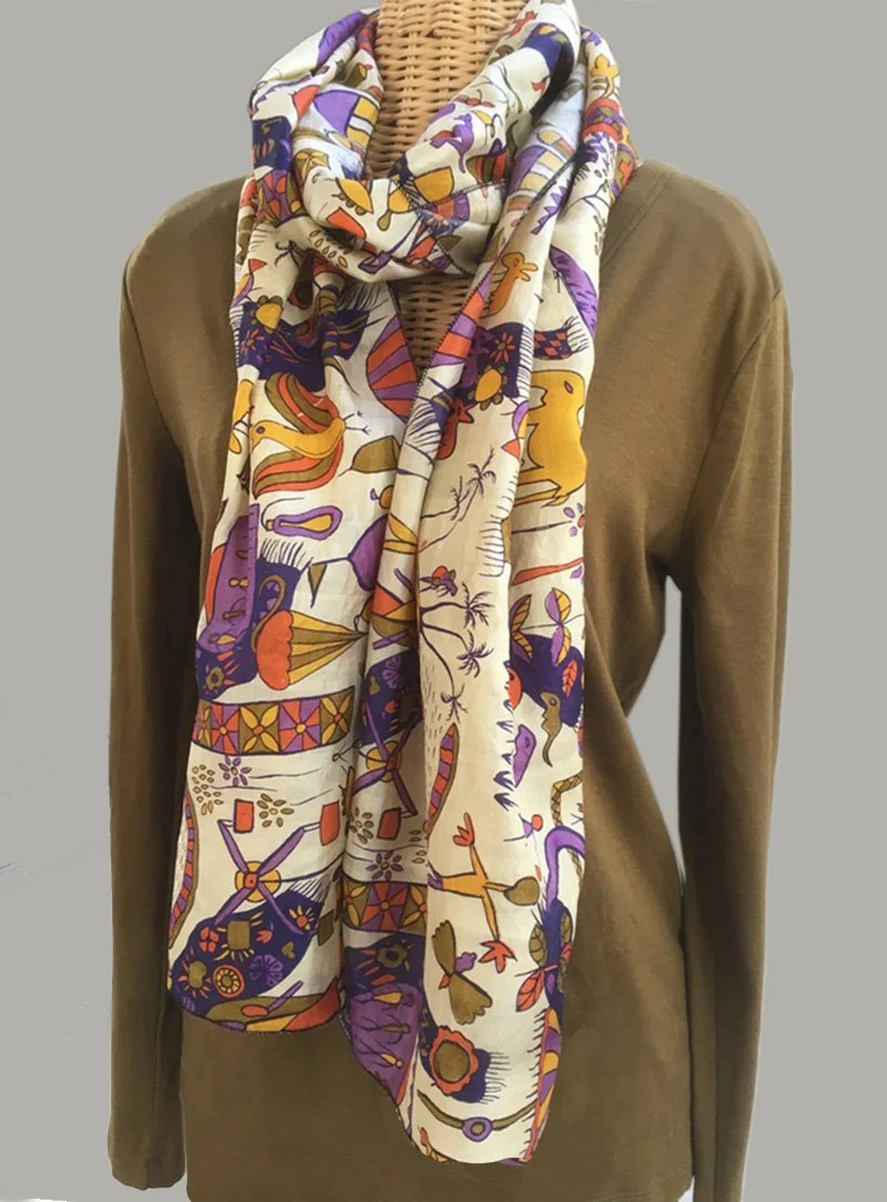 Beige & Multi-Color Stick Drawing Silk Scarf — Lalasilk